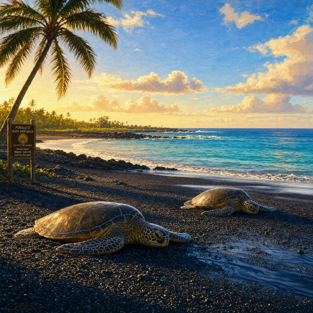 Punaluʻu 흑사 해변 + Honu