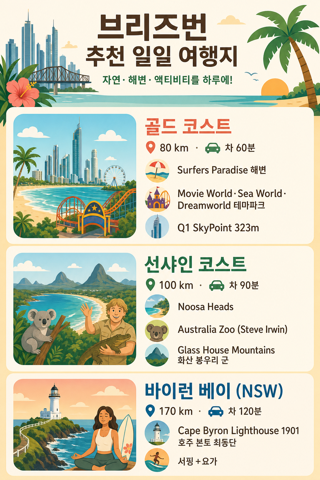 브리즈번 근교 3도시 day-trip 인포그래픽