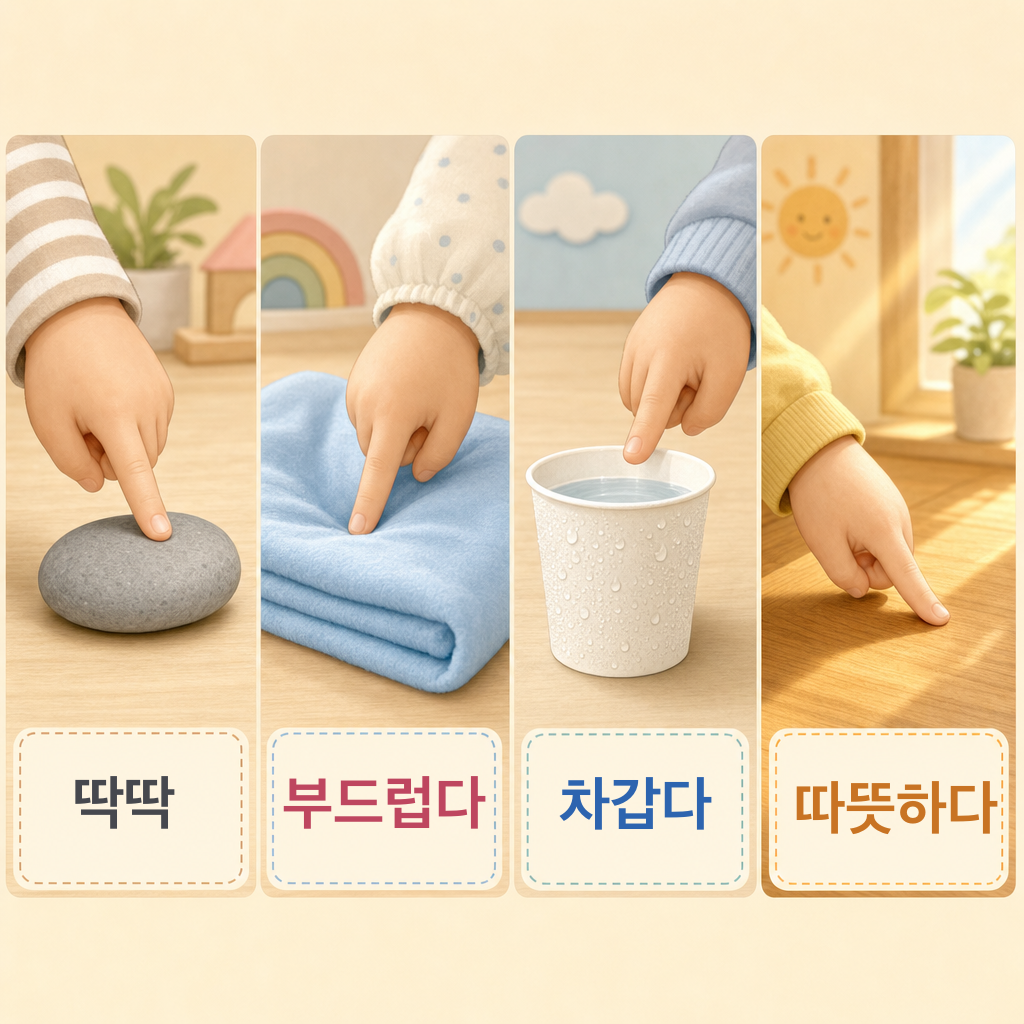 조약돌(딱딱)·파란 천(부드럽다)·물방울 맺힌 종이컵(차갑다)·햇볕 든 나무판(따뜻하다)을 손가락으로 만져 보는 네 칸 비교 그림