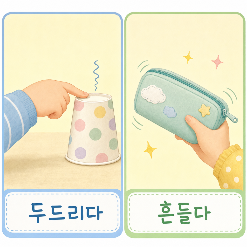 왼쪽엔 손가락으로 종이컵을 톡 두드려 소리 곡선이 오르는 '두드리다', 오른쪽엔 필통을 흔들어 달그락 소리가 나는 '흔들다' 두 칸 그림