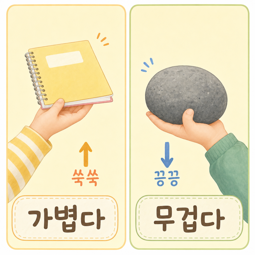 왼쪽엔 위로 화살표가 붙은 가벼운 공책(가볍다), 오른쪽엔 아래로 화살표가 붙은 회색 돌(무겁다)을 손에 들고 비교하는 두 칸 그림