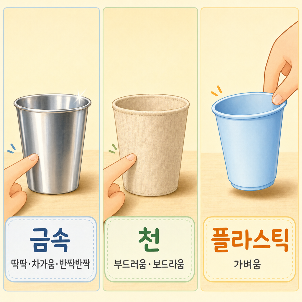 같은 모양 컵 셋을 손가락으로 만져 비교 — 금속(딱딱·차가움·반짝)·천(부드러움·보드라움)·플라스틱(가벼움) 세 칸 그림