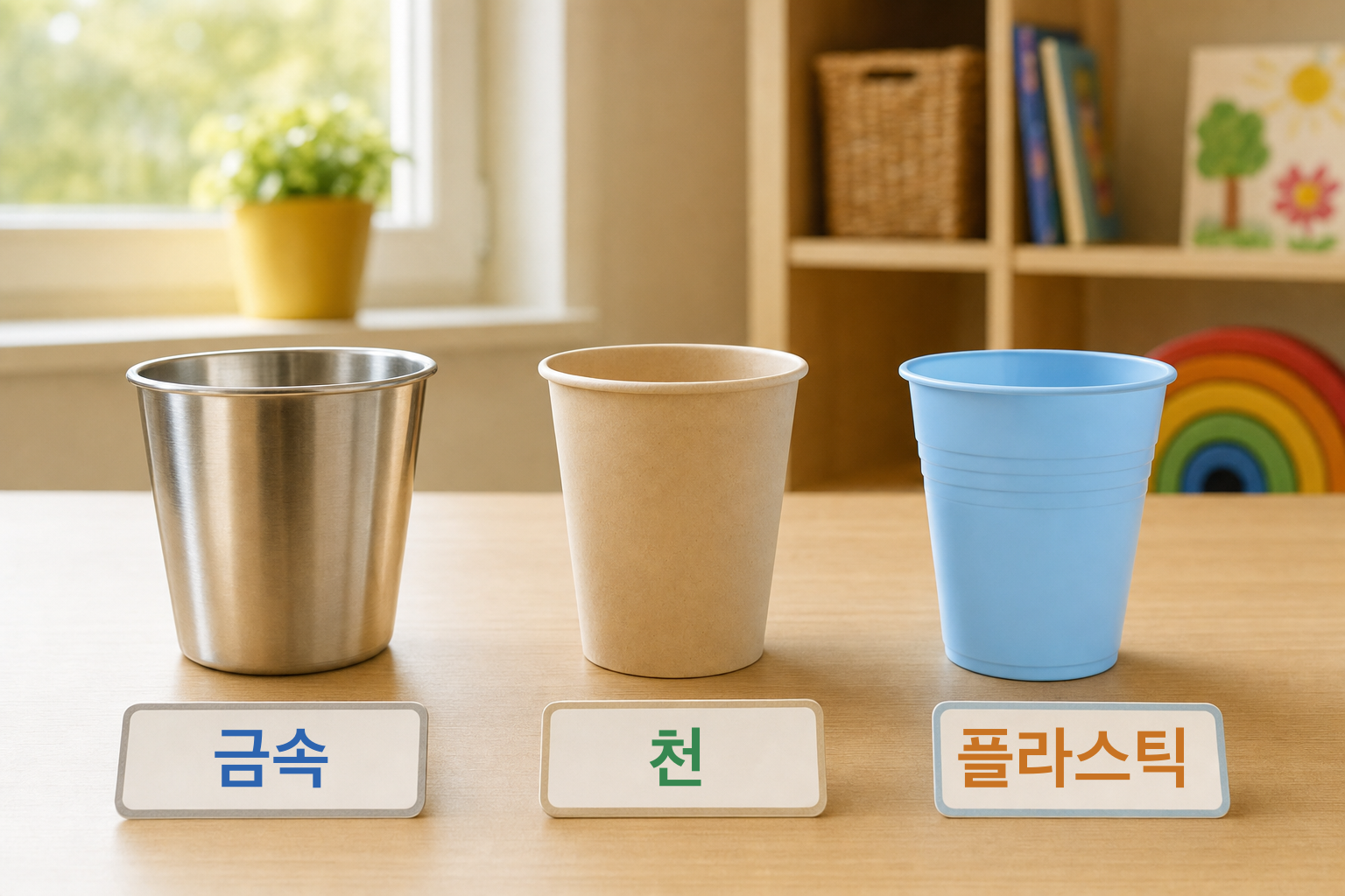 같은 모양의 컵 세 개 — 금속·종이·플라스틱