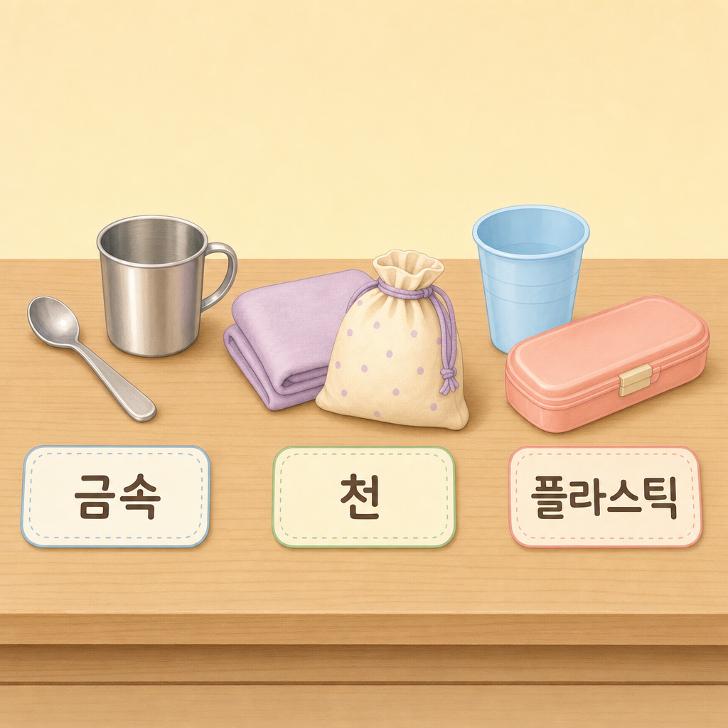 나무 책상 위에 금속(숟가락·컵)·천(천 조각·주머니)·플라스틱(컵·필통)을 세 무더기로 같은 재료끼리 모아 분류한 그림