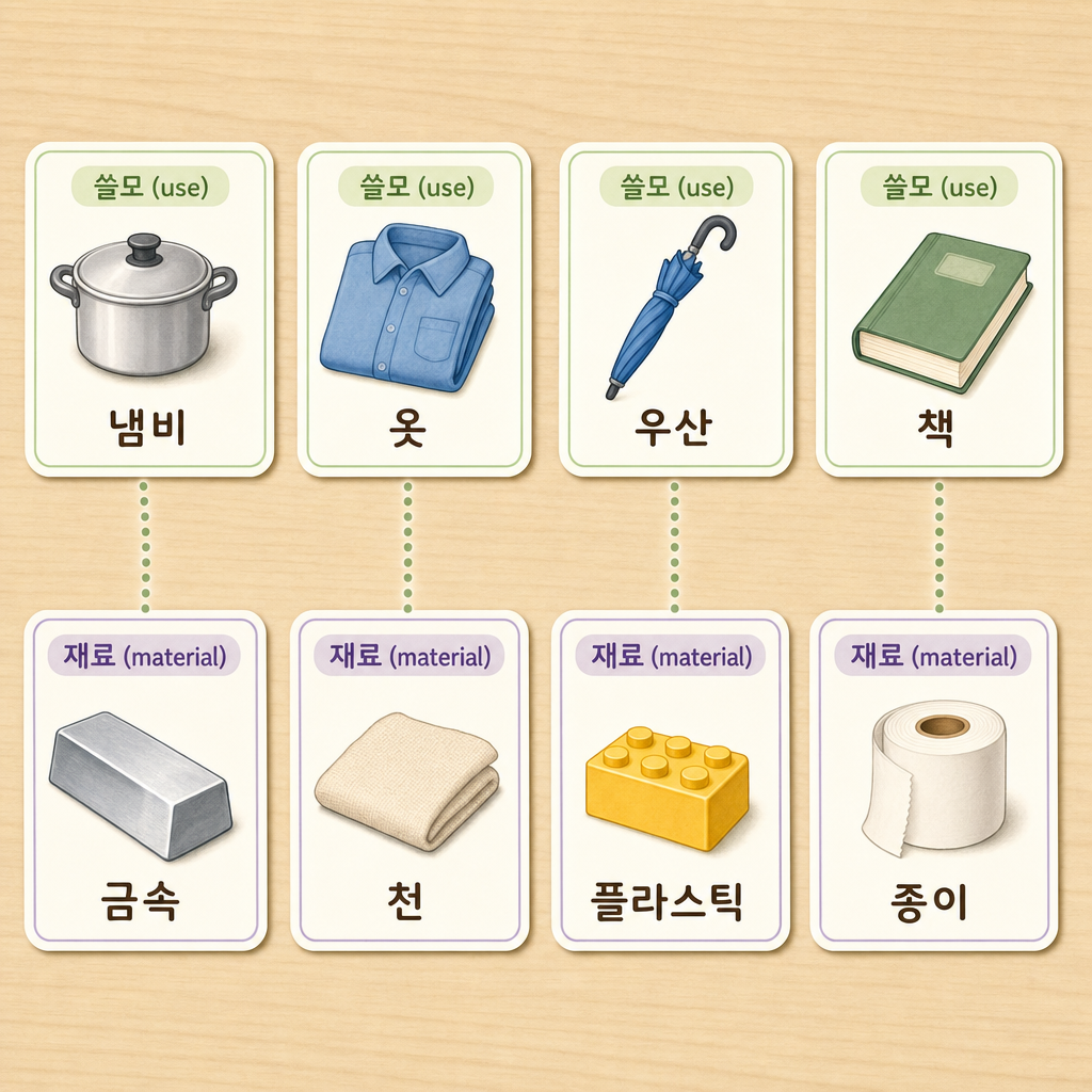 냄비·옷·우산·책 쓸모 카드와 금속·천·플라스틱·종이 재료 카드를 점선으로 짝짓는 카드 놀이 그림