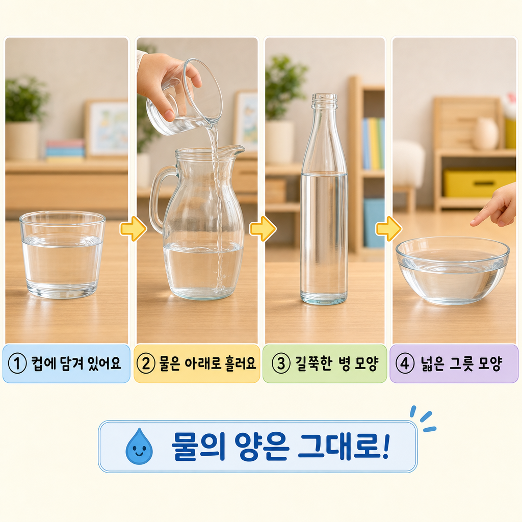 같은 물을 컵에서 병·넓은 그릇으로 차례로 옮겨 담아 모양이 바뀌어도 양은 같음을 보여 주는 네 칸 그림