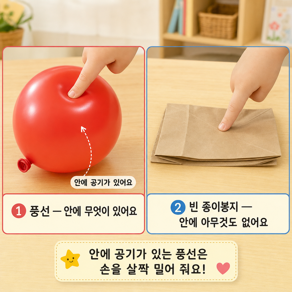 손가락으로 누르면 되밀어 주는 풍선과 납작하게 눌리는 빈 종이봉지를 나란히 비교하는 두 칸 그림