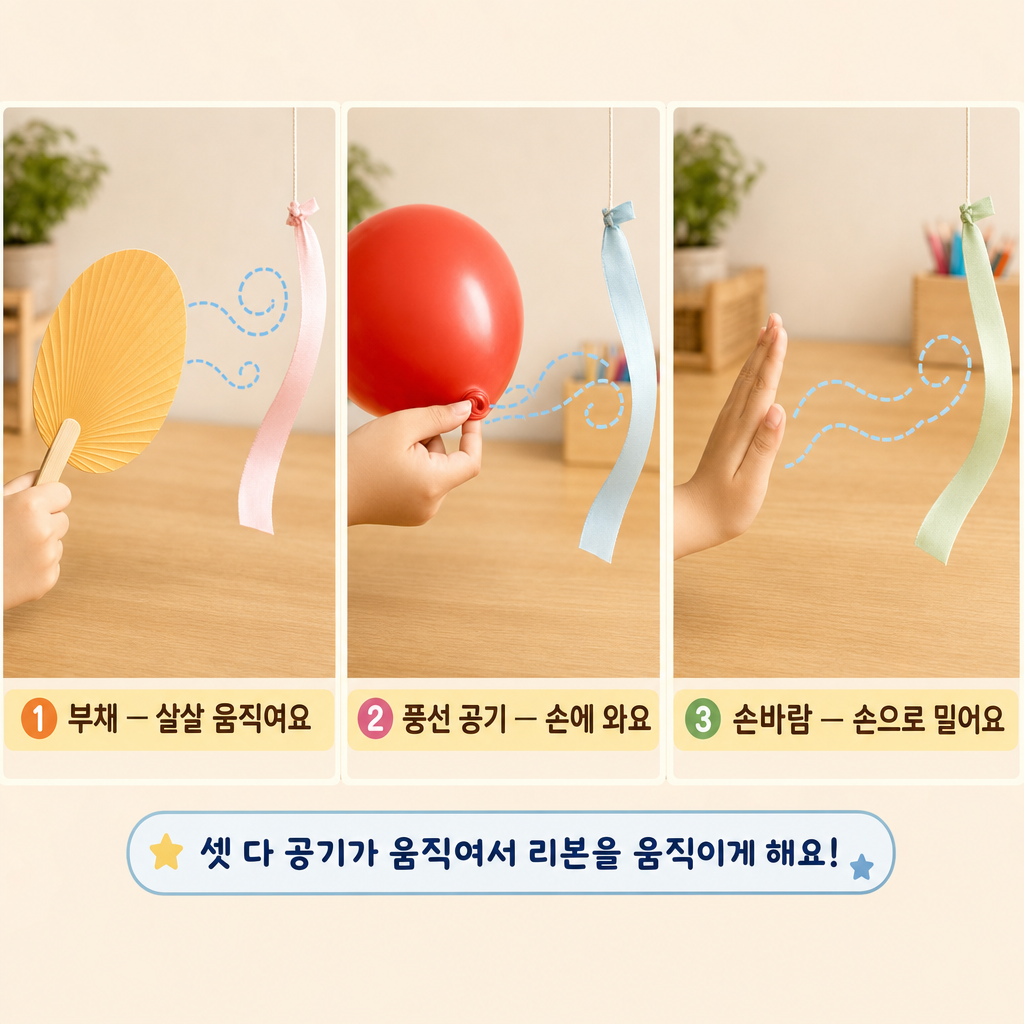 부채·풍선 공기·손바람 세 가지 방법으로 매단 리본을 움직이게 하는 세 칸 비교 그림