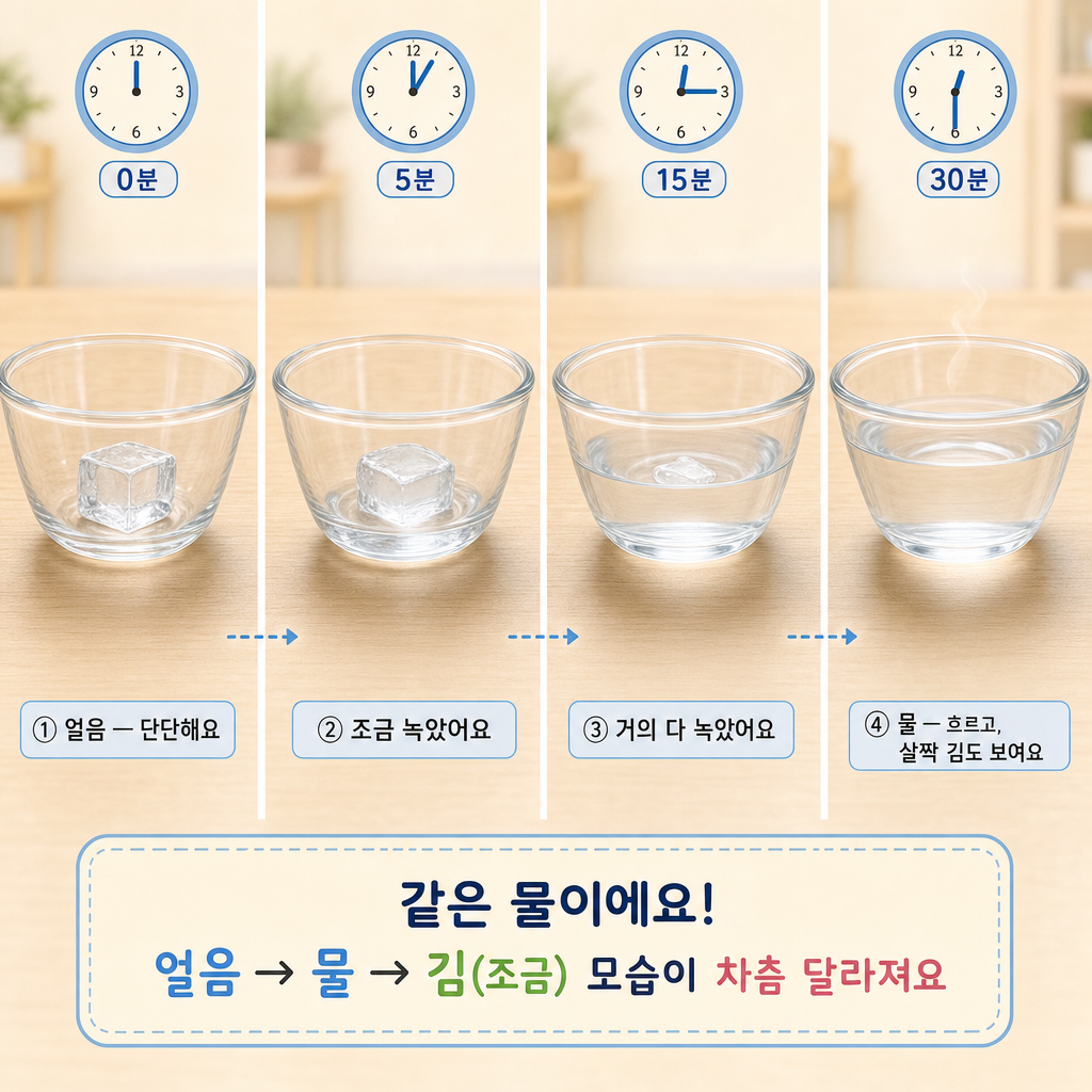 작은 얼음 한 조각이 0분·5분·15분·30분에 걸쳐 차츰 녹아 물이 되는 네 칸 시간 변화 그림