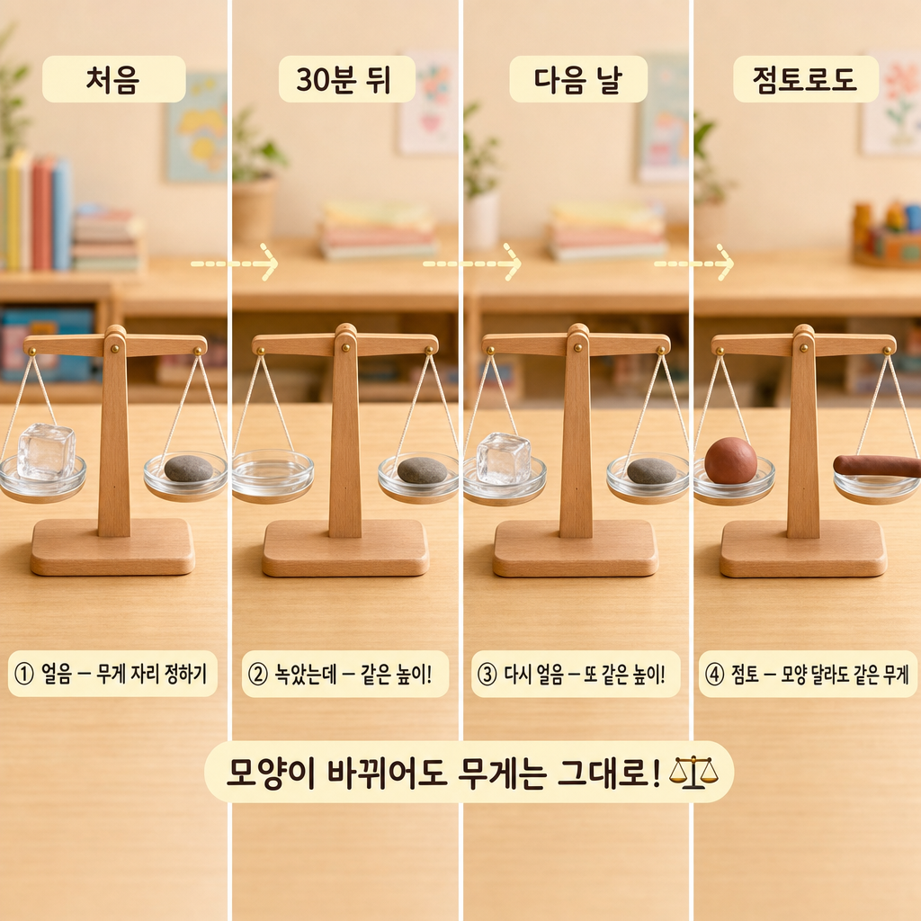 얼음→물→다시 얼음, 그리고 점토 공↔긴 막대를 양팔 저울로 재어도 늘 같은 높이임을 보여 주는 네 칸 그림