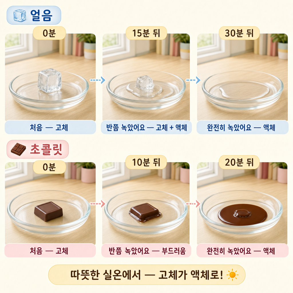 실온에서 얼음과 초콜릿이 0분·15분·30분 지나며 점점 녹아 액체가 되는 6칸 시간 비교 그림
