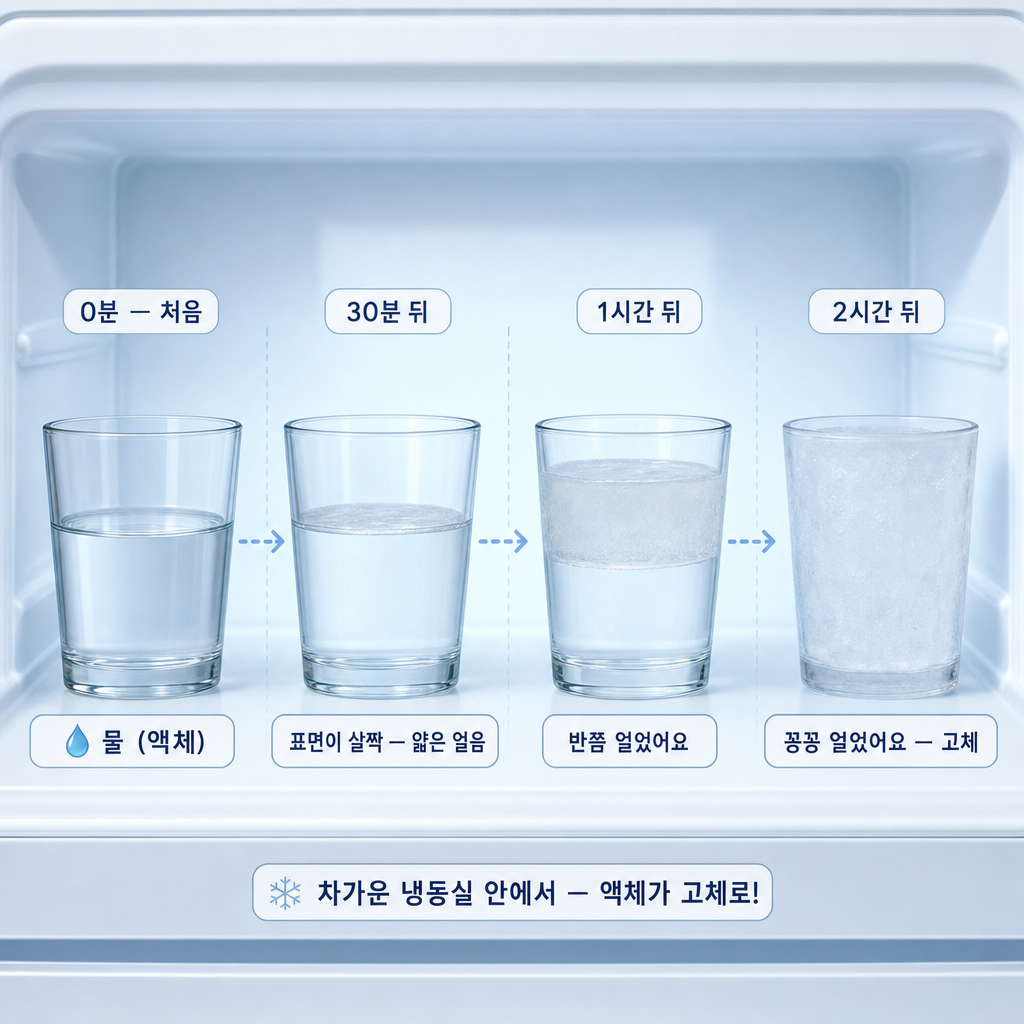 냉동실 안 유리컵 물이 0분·30분·1시간·2시간 지나며 표면부터 꽁꽁 얼어가는 4칸 시간 비교 그림