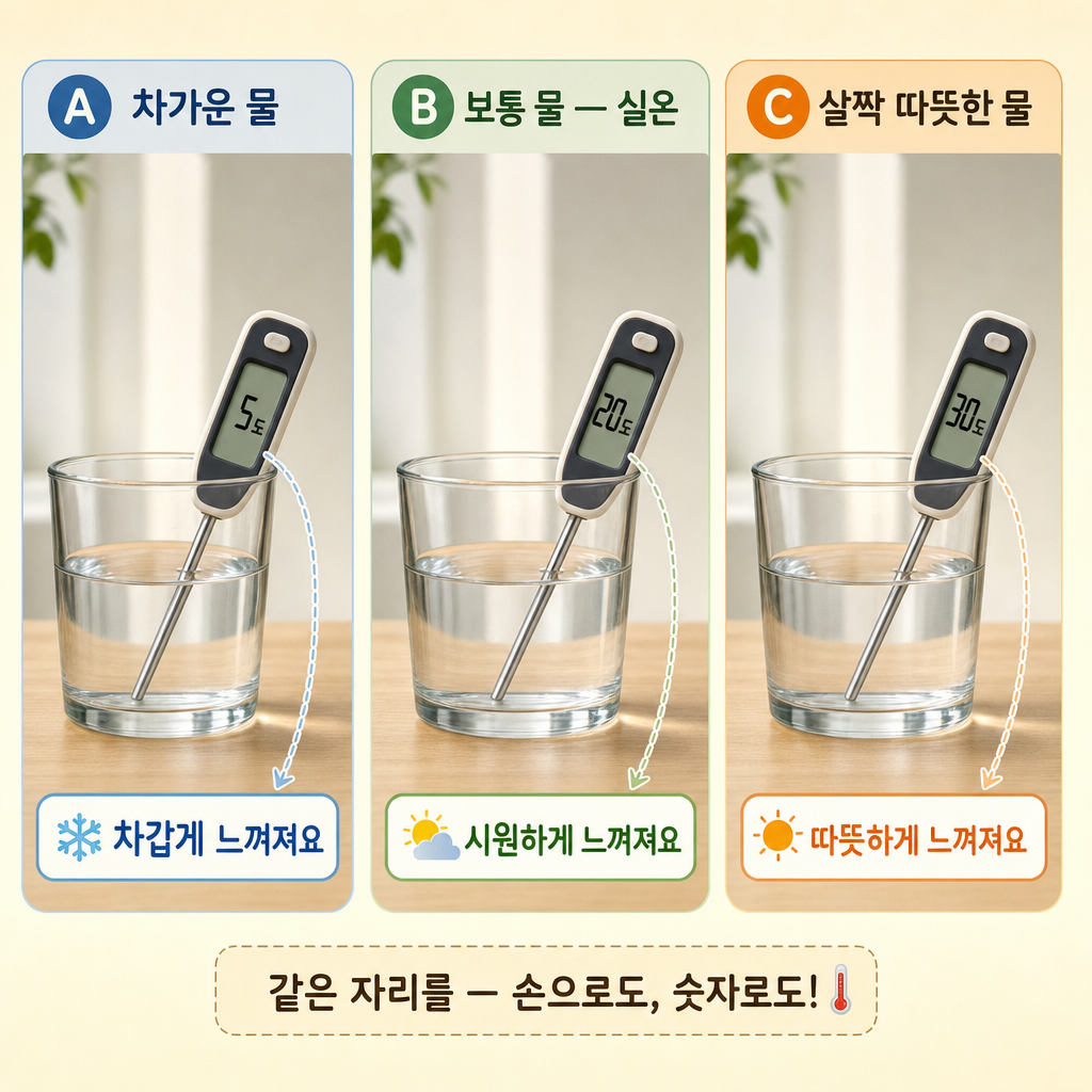 차가운 물 5도·실온 물 20도·따뜻한 물 30도를 디지털 온도계로 각각 재는 3칸 비교 그림