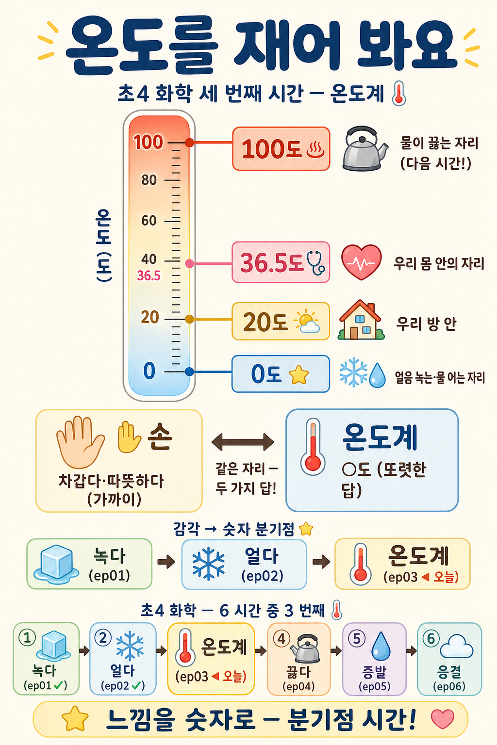 세로 온도 눈금에 0도·20도·36.5도·100도 네 기준 자리를 표시하고 손↔온도계를 비교한 한국어 인포그래픽