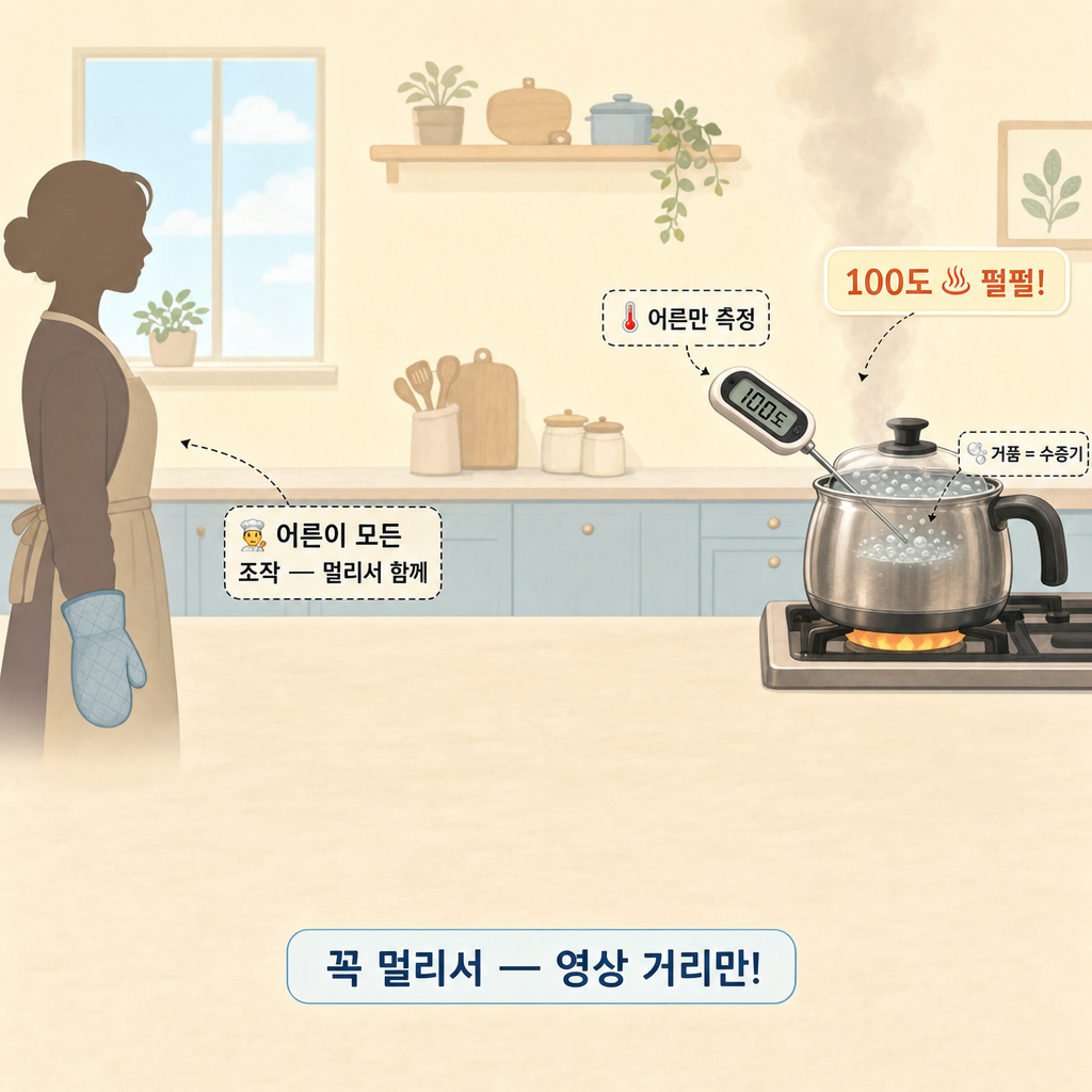 유리뚜껑 주전자가 100도로 끓고 거품이 수증기임을 표시하며 어른이 멀리서 지켜보는 안전 거리 그림