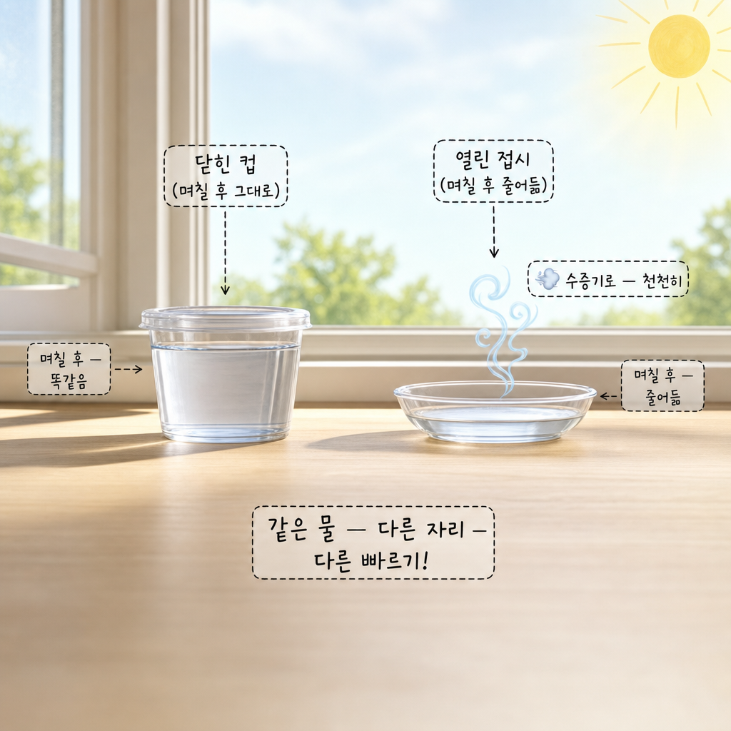 같은 양 물을 담은 닫힌 컵과 열린 접시를 며칠 두어 열린 쪽만 물이 줄어드는 증발 비교 그림