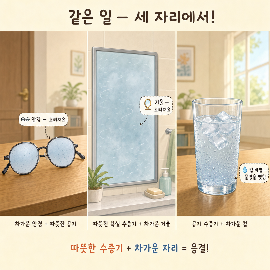 흐려진 안경·욕실 거울·차가운 컵 바깥 물방울 세 가지 일상 응결 모습을 나란히 보여 주는 3칸 비교 그림
