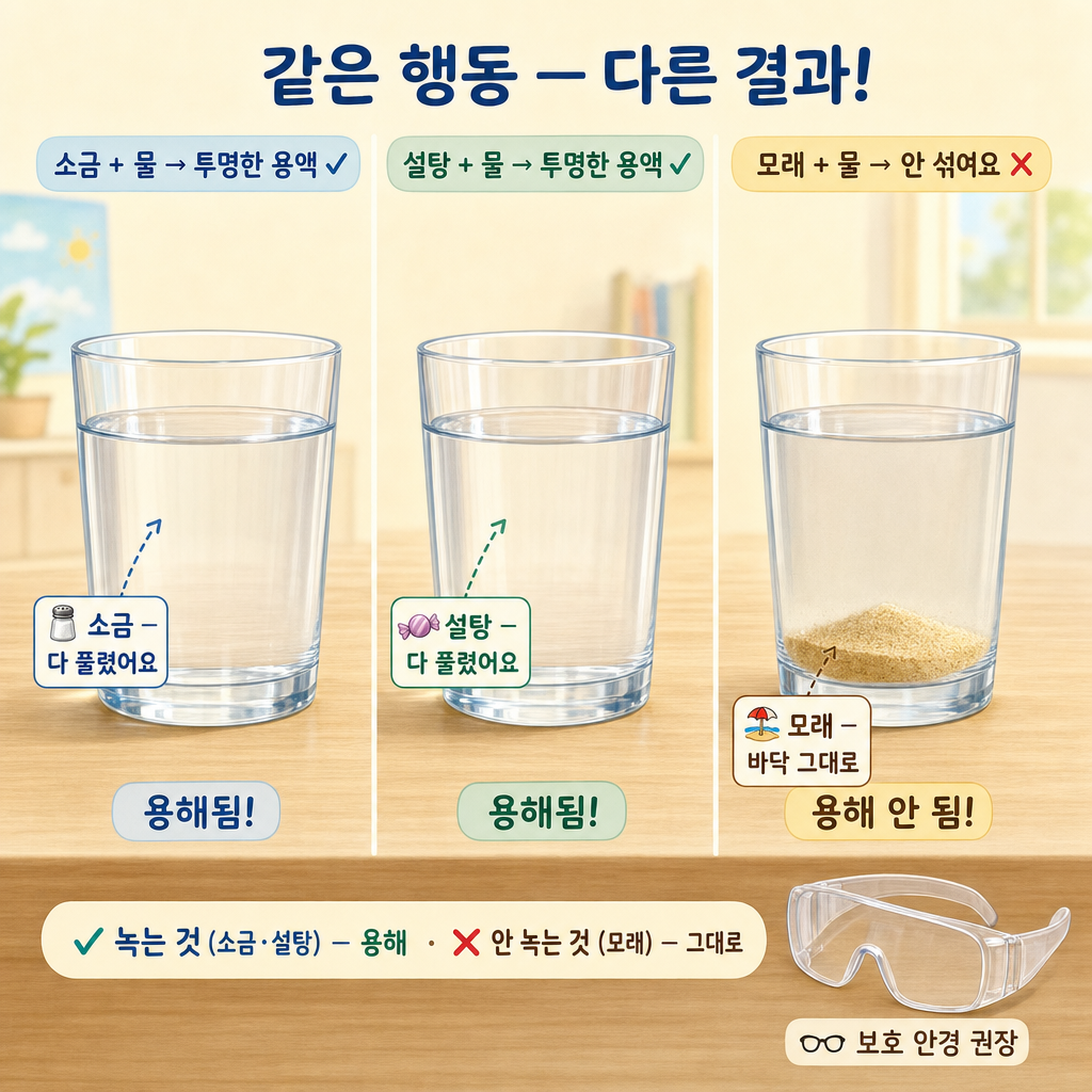 소금·설탕은 녹아 투명한 용액이 되고 모래는 바닥에 그대로 남은 세 컵 비교