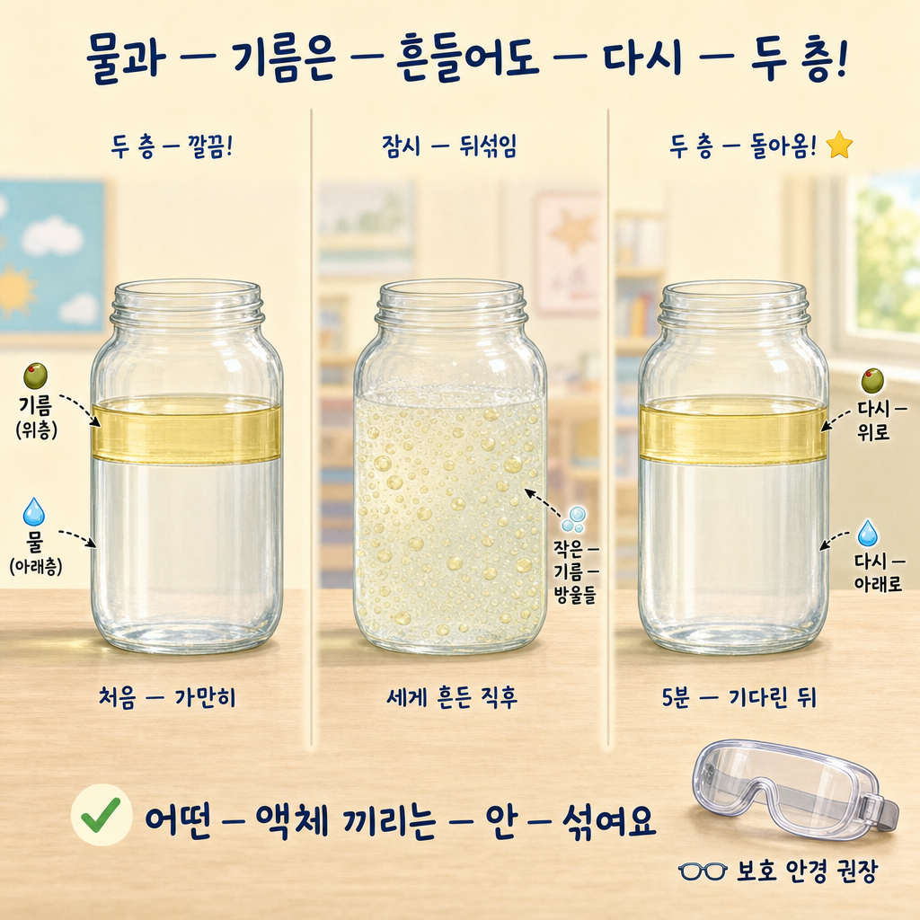 물과 기름 병을 흔들어도 잠시 뒤섞였다 다시 두 층으로 돌아오는 처음·흔든 직후·5분 뒤