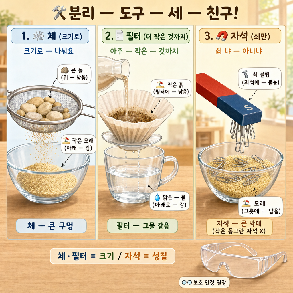 체·필터·자석 세 도구로 돌·모래·흙·쇠 클립을 나누는 세 장면 비교