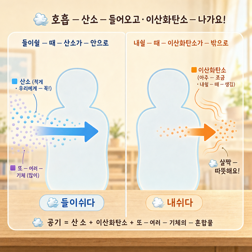 들이쉴 때 산소가 안으로·내쉴 때 이산화탄소가 밖으로 가는 두 호흡 장면 비교