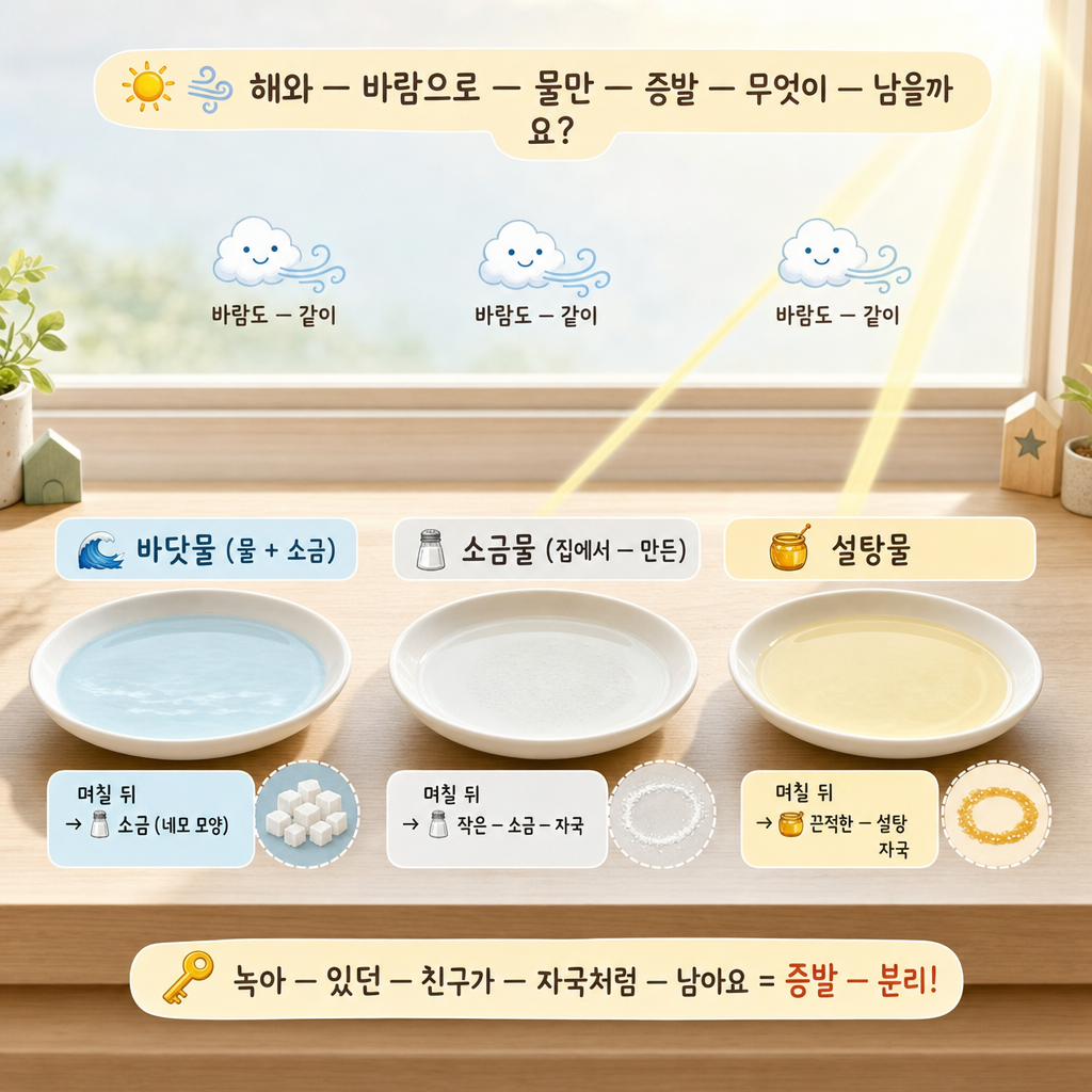 바닷물·소금물·설탕물 세 접시를 햇빛에 두어 물이 증발하고 자국이 남는 모습 비교