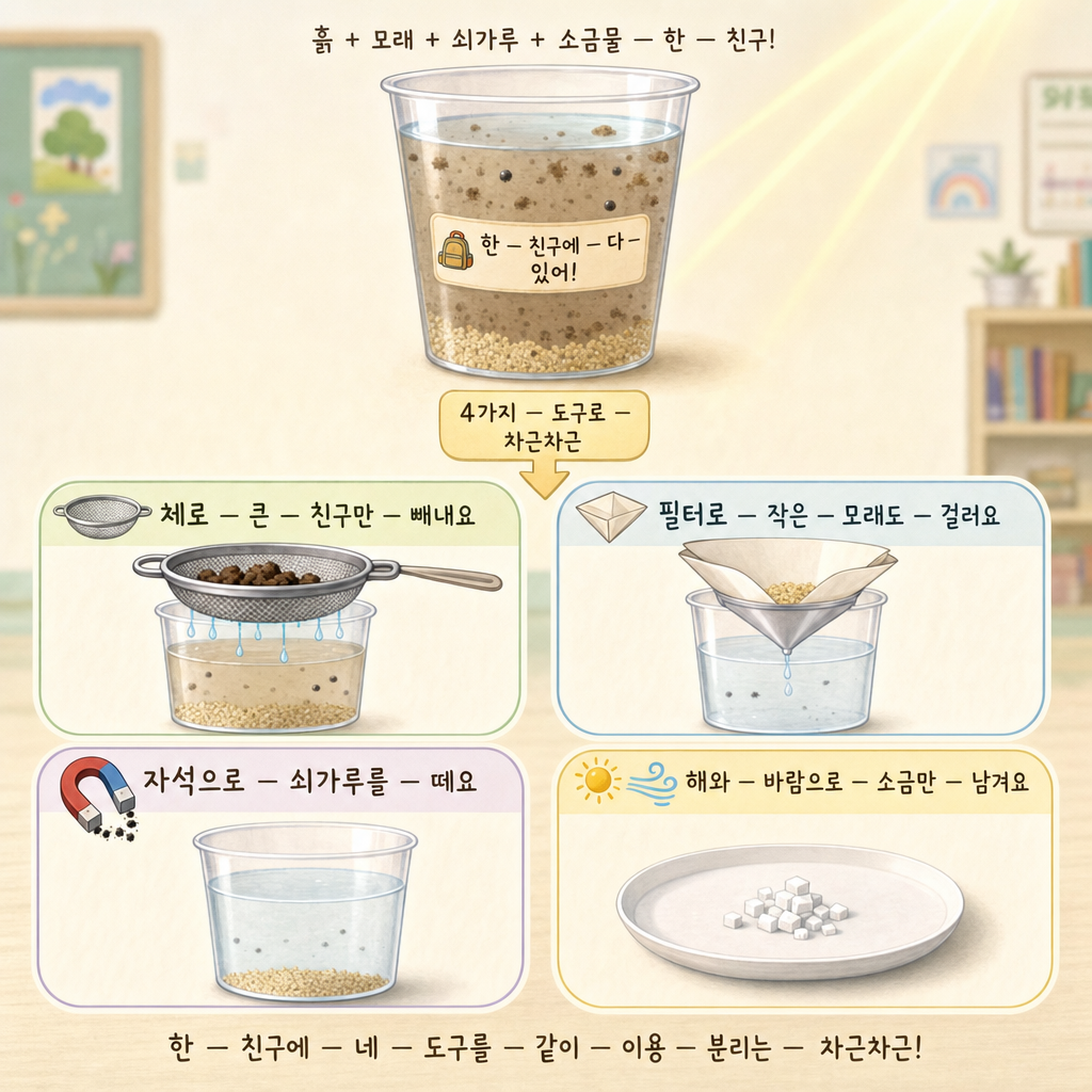 흙·모래·쇠가루·소금물이 섞인 한 컵을 체·필터·자석·증발 네 도구로 차근차근 나누는 그림