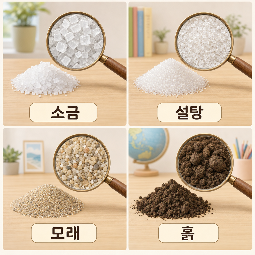 소금·설탕·모래·흙 네 가지를 2x2로 나란히 놓고 각각 위에 떠 있는 돋보기로 알갱이 모습을 확대해 비교하는 활동 그림