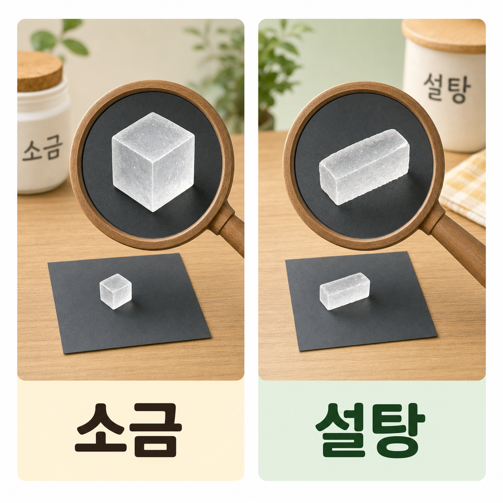 검은 종이 위 소금과 설탕 한 알씩을 각각 돋보기로 확대해 네모 결정과 살짝 긴 네모 결정을 비교하는 두 칸 활동 그림