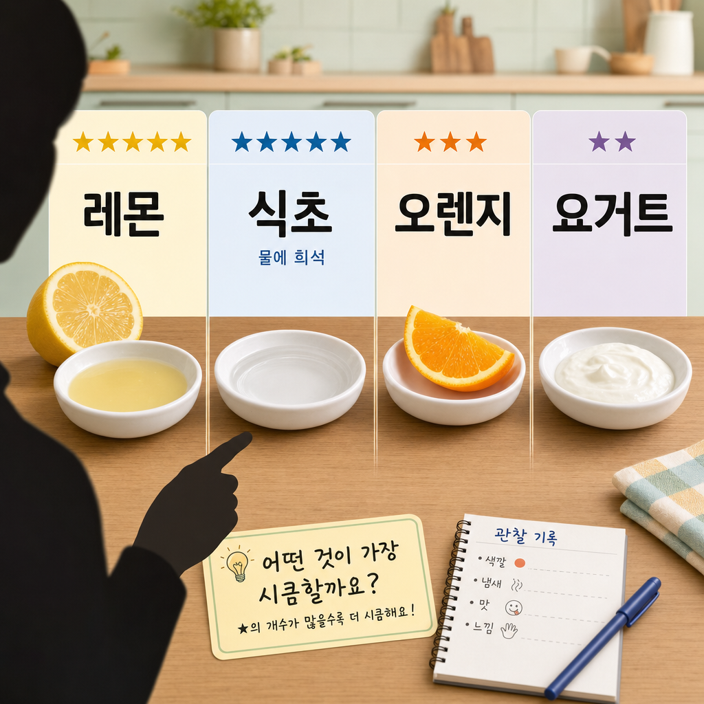 레몬·식초·오렌지·요거트 네 종지를 한 줄로 놓고 각각 위에 신맛 정도를 별점으로 표시한 부엌 비교 활동 그림