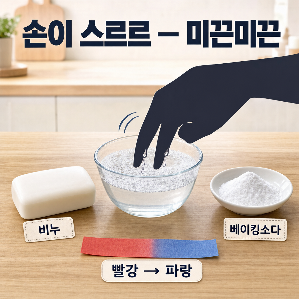 비누 물에 손가락을 담가 미끈한 느낌을 보여 주고 옆에 빨간 리트머스가 파랗게 변하는 모습을 함께 그린 부엌 활동 그림