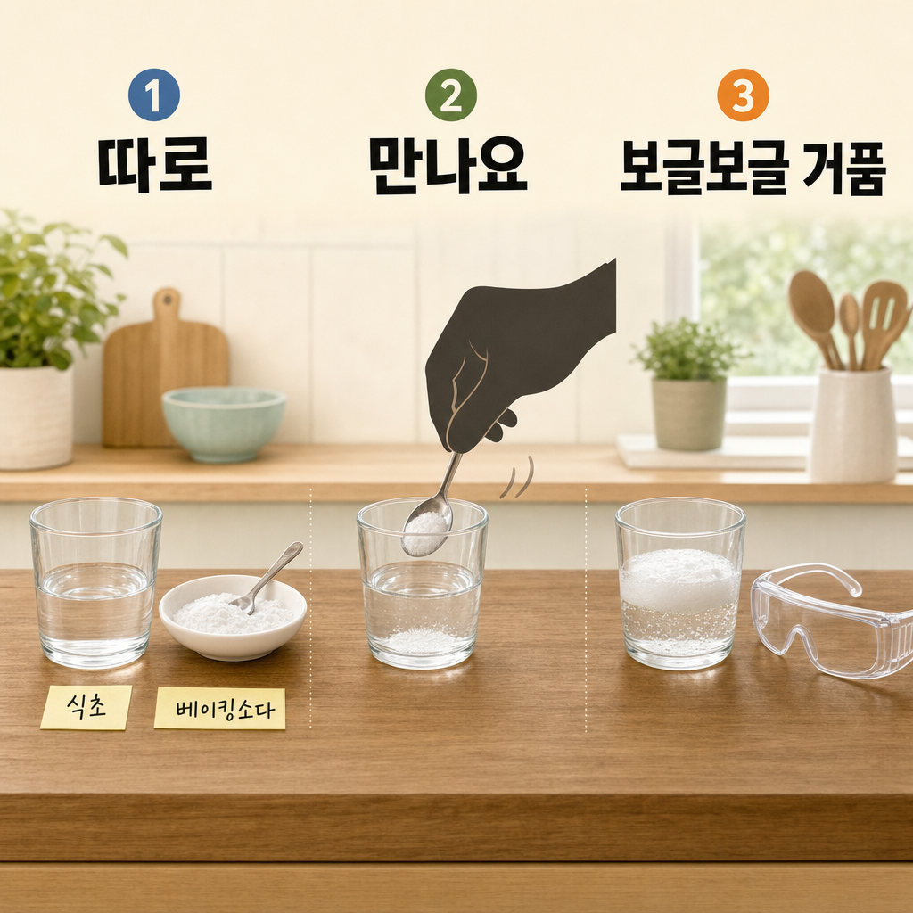 식초와 베이킹소다를 따로 두고, 숟가락으로 살살 넣고, 부드러운 거품이 컵 가장자리 아래에서 잔잔히 올라오는 세 단계 부엌 활동 그림