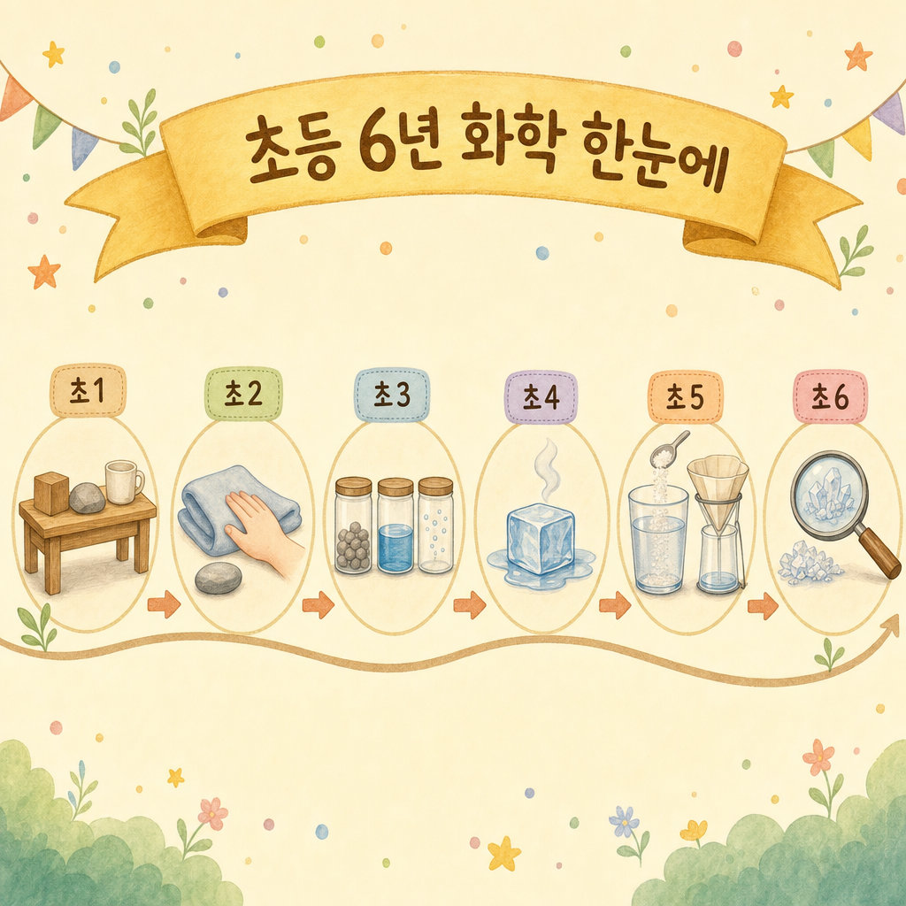 초1부터 초6까지 화학 6년 발자취를 굽은 길 위 여섯 정거장 아이콘으로 보여 주는 따뜻한 타임라인 그림