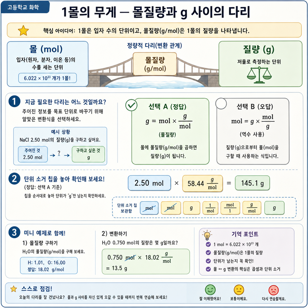 n=m/M 단위 약분으로 질량과 몰 수를 잇는 다리를 고르는 과정을 보여 주는 개념도