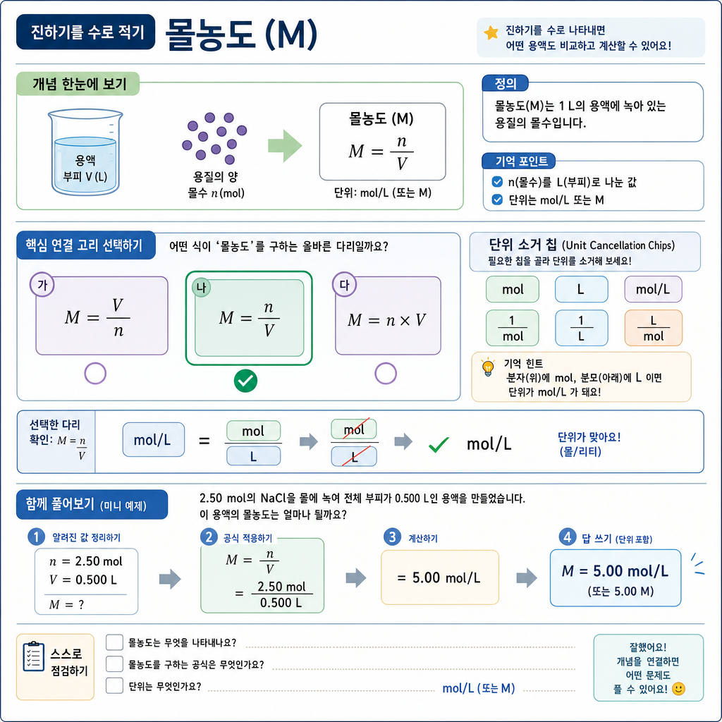 g→mol→L 단위 약분으로 몰농도 계산 경로를 고르는 과정을 보여 주는 개념도