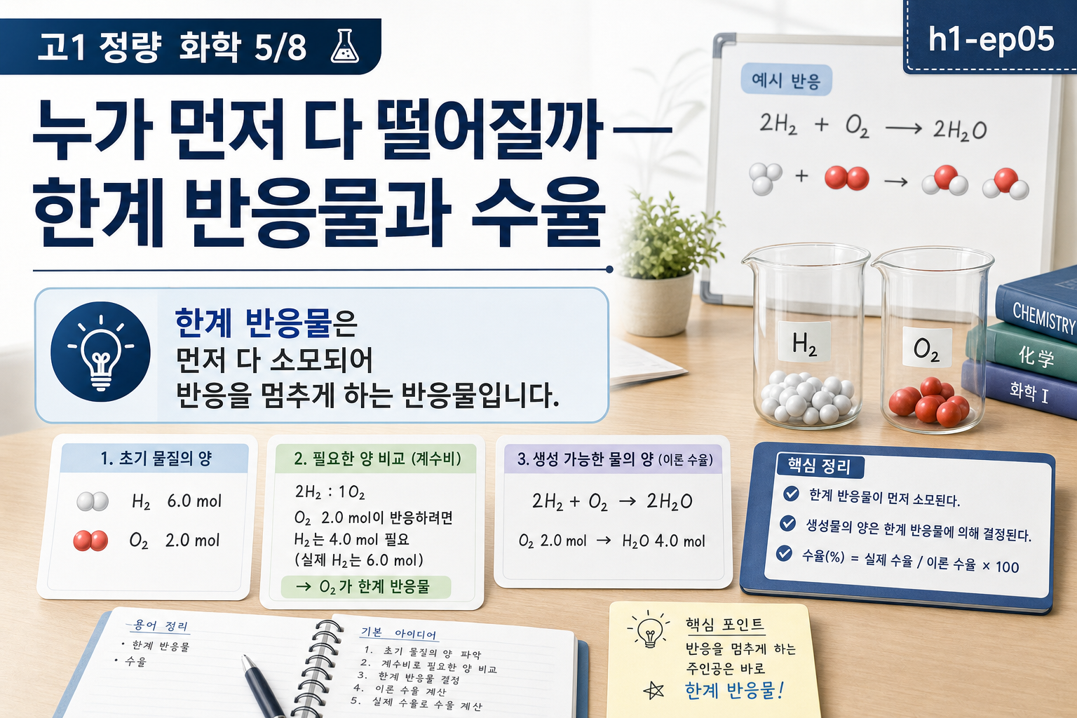 누가 먼저 다 떨어질까 — 한계 반응물과 수율 표지
