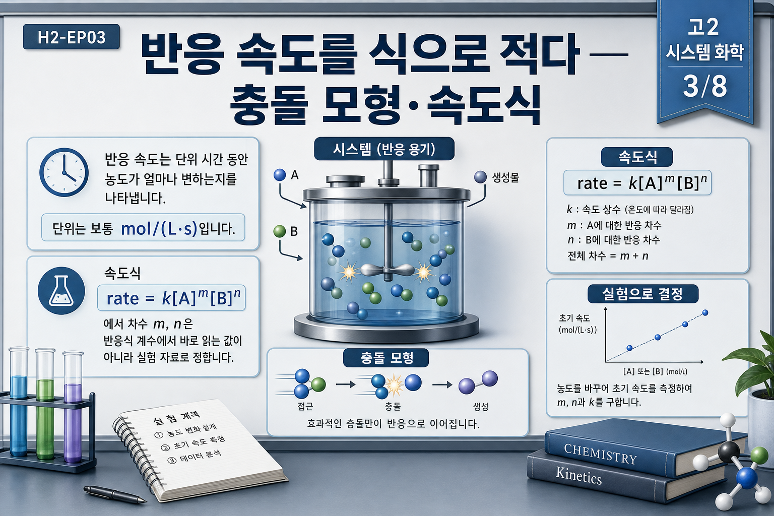 반응 속도를 식으로 적다 — 충돌 모형·속도식 표지