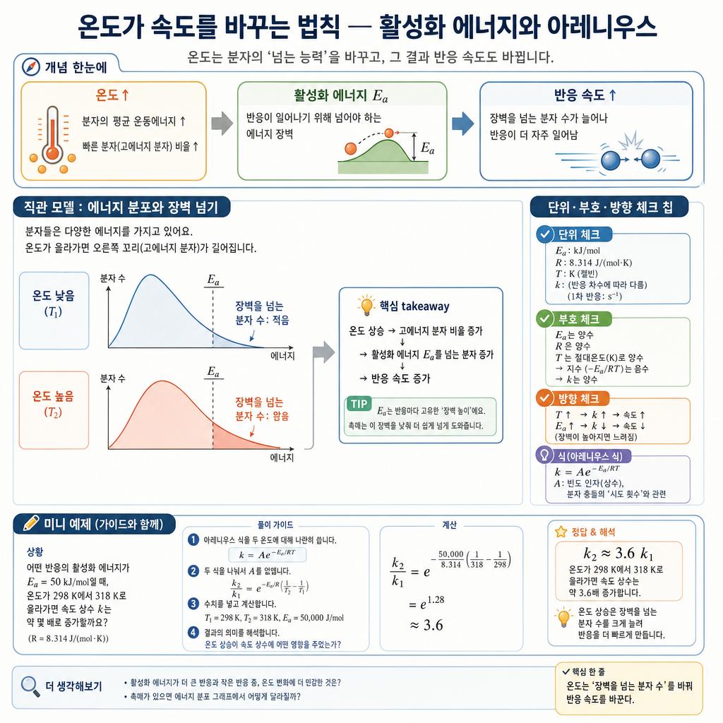 온도가 오르면 볼츠만 분포 꼬리가 커져 Ea를 넘는 입자가 느는 개념도