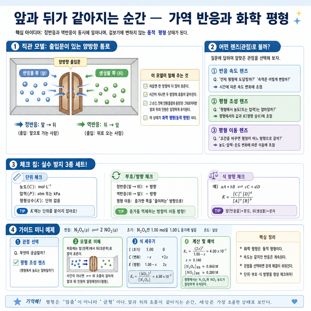 반응 지수 Q와 평형 상수 K를 비교해 진행 방향을 정하는 개념도
