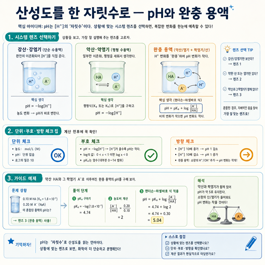 약산과 짝염기가 산·염기를 받아 pH 변화를 줄이는 완충 작용 개념도
