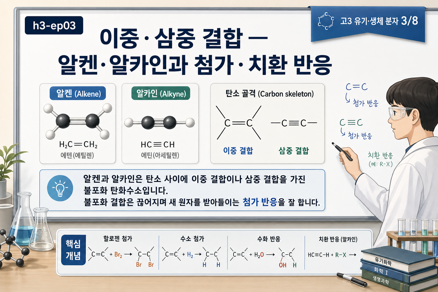 이중·삼중 결합 — 알켄·알카인과 첨가·치환 반응 표지