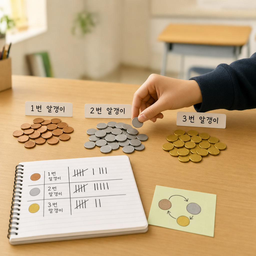 나무 책상 위 구리색·은색·금색 동전을 색깔별 더미로 분류하는 손, 옆 공책엔 세 줄 개수표