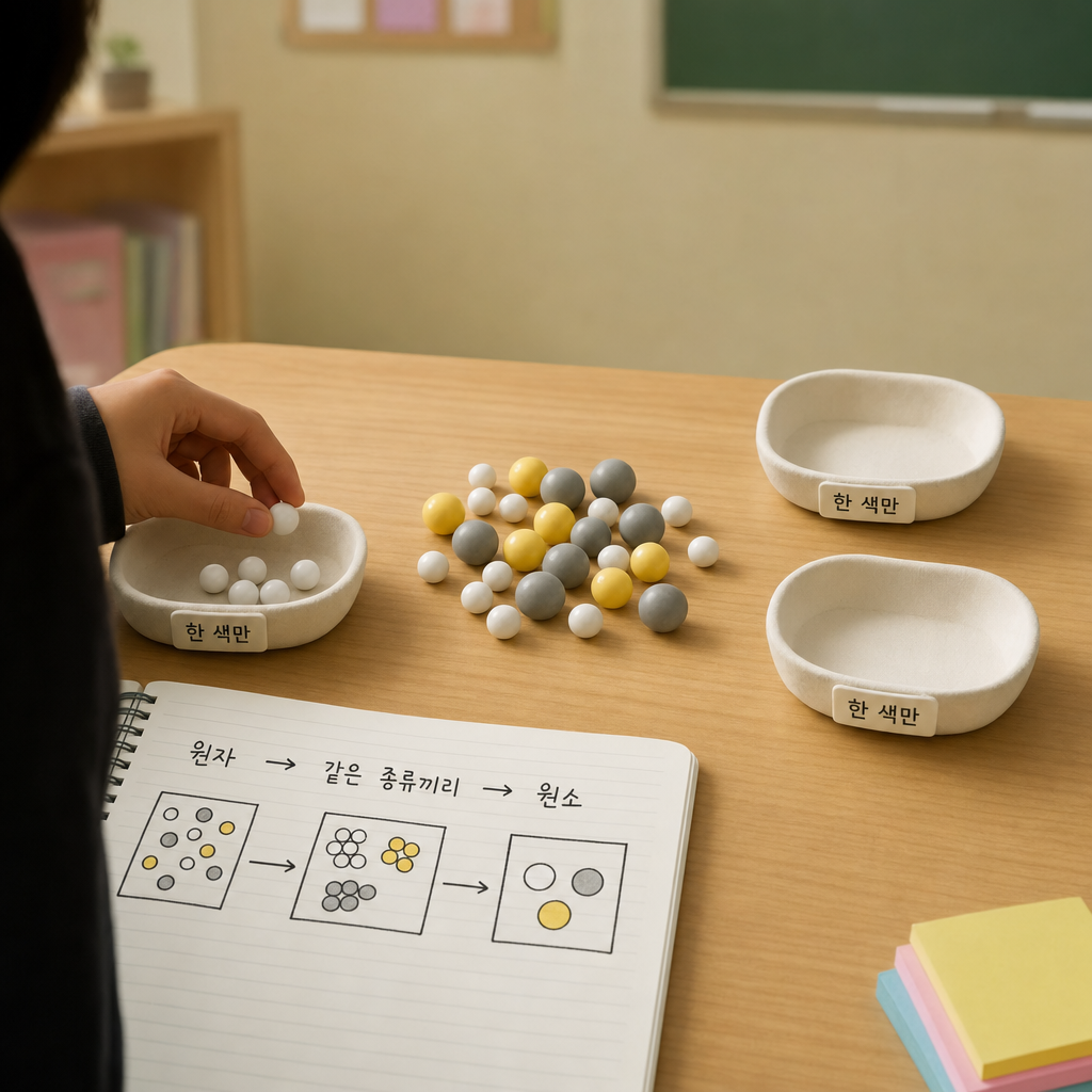 흰·노랑·회색 섞인 구슬을 색깔별 접시로 같은 색끼리 분류하는 손, 옆 공책엔 '원자→원소' 3단계 그림