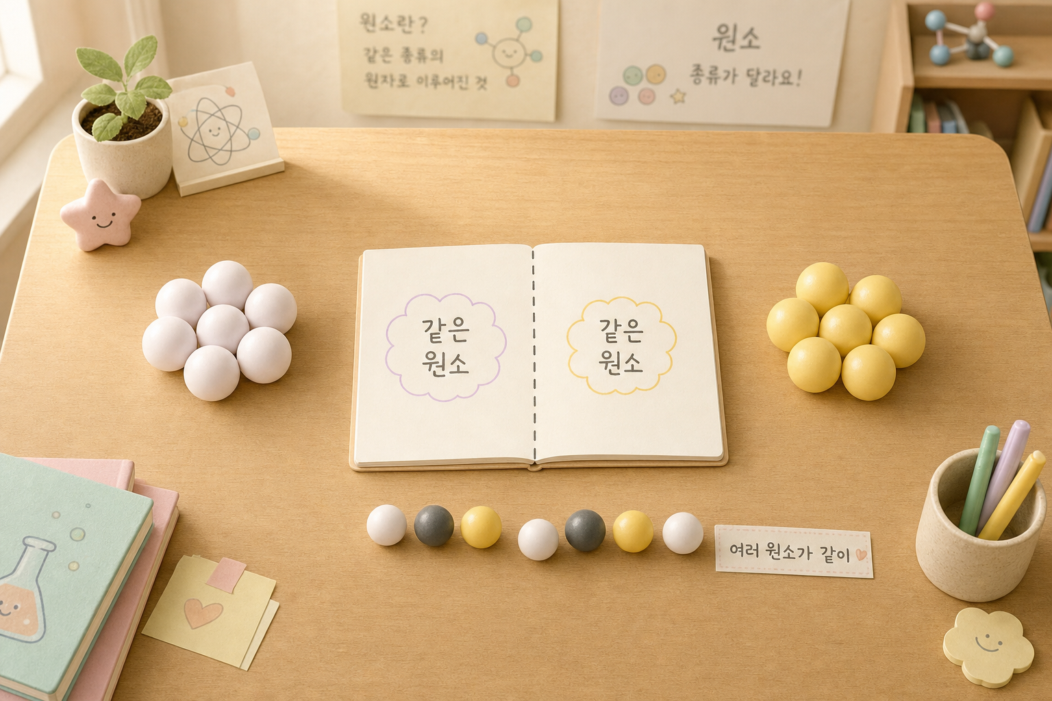 같은 종류의 원자 — 원소: 수소·산소·탄소·질소·철·금 여섯 원소 첫 만남 표지