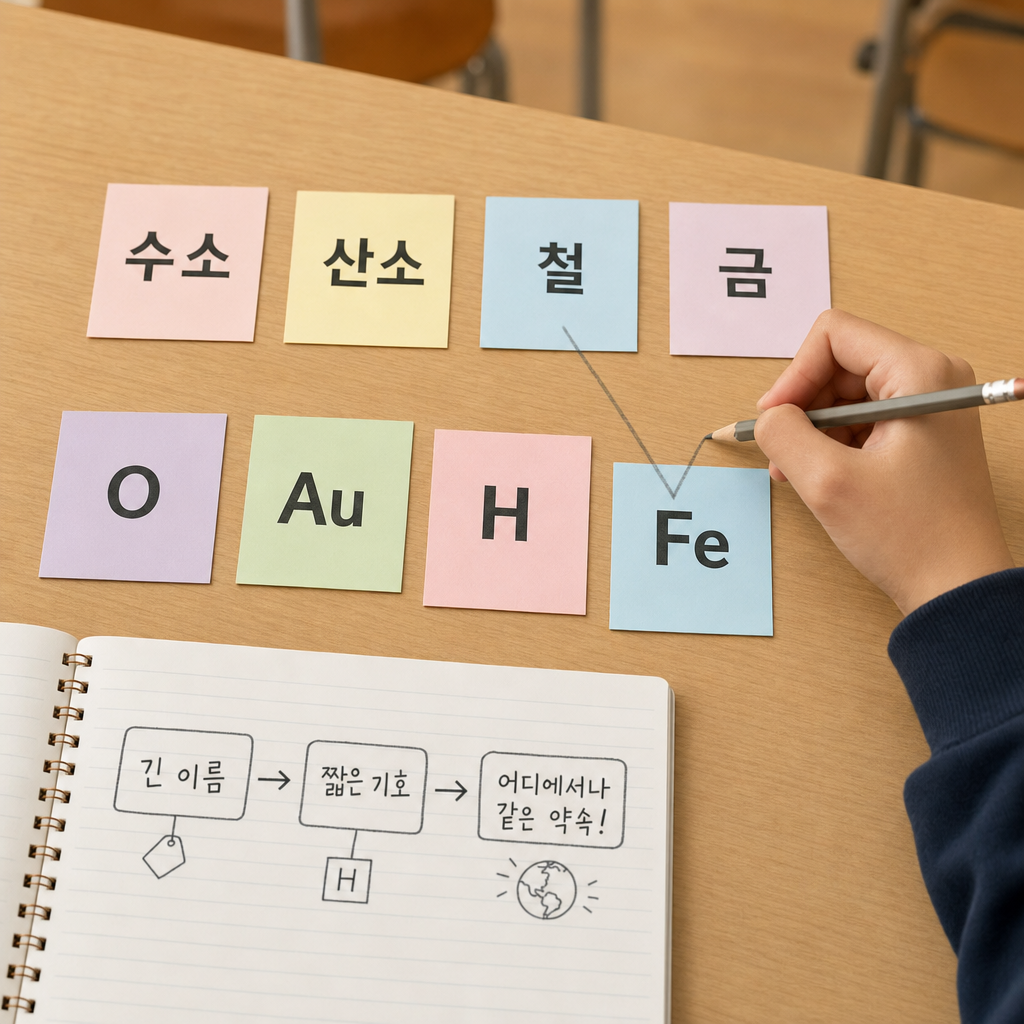 한글 이름 카드와 알파벳 기호 카드를 연필로 짝짓는 손, '철'을 'Fe'로 잇는 카드 맞추기 활동