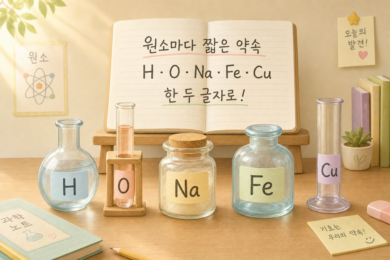 원소에 이름과 기호 — H·O·C·N·Fe·Au·Cu·Na 여덟 기호 첫 만남 (라틴어 어원·대소문자 규칙) 표지