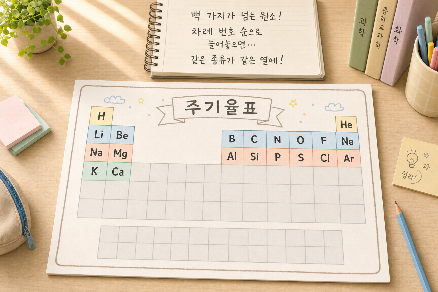 원소를 줄 세우면 — 주기율표 첫 만남 (멘델레예프 1869·1~20번 원소·주기와 족) 표지