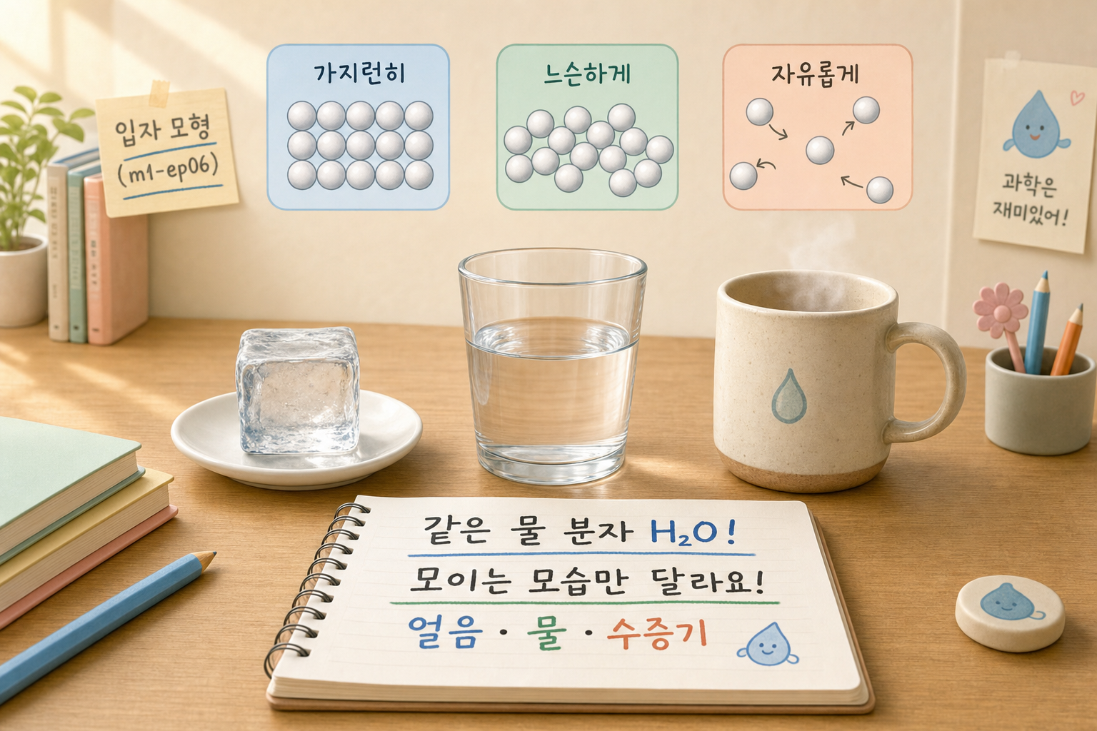 세 가지 상태를 원자·분자로 — 입자 모형으로 다시 보는 고체·액체·기체 (초3 세 모습 회고·다섯 가지 변화 통합 재해석) 표지