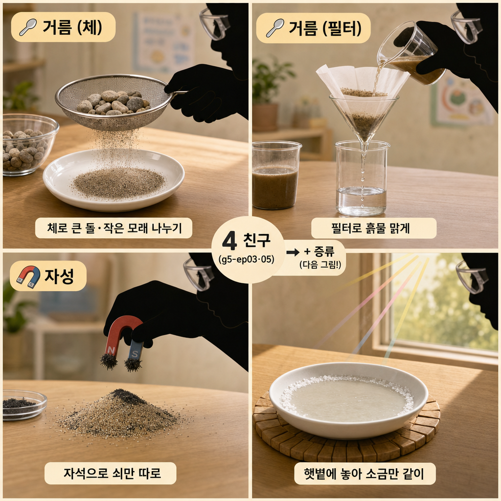 보안경·장갑 실루엣 손이 거름(체)·거름(필터)·자성·증발 네 분리법을 시연하는 2x2 활동 패널