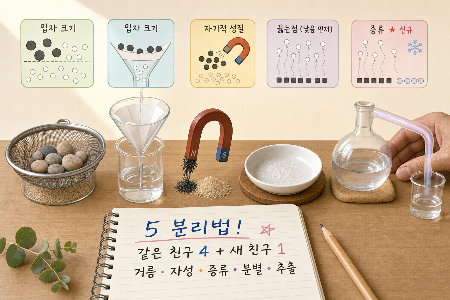 혼합물 분리 다섯 가지 방법 — 입자 차이로 같이 나누기 (초5 분리 회고·증류 정식 도입) 표지